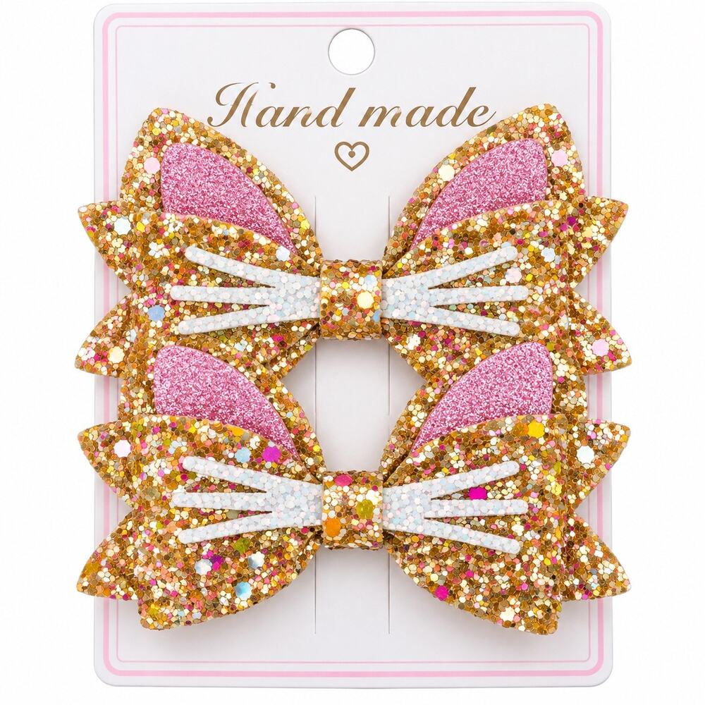2-Pack Girls Glitter Cat Ear Hair Bows Gold Pink Sparkly Clips